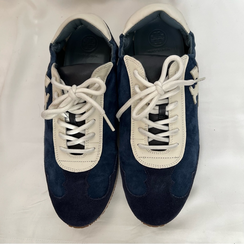 Tory Burch Suede/Leather Perfect Navy Ballet Sneakers Lace Up Size 9.5 New - Picture 6 of 9